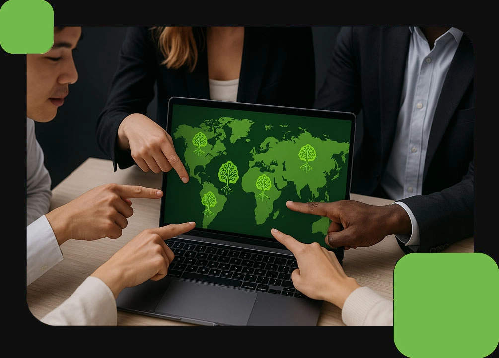 $TREE global impact – team planning with digital world map display